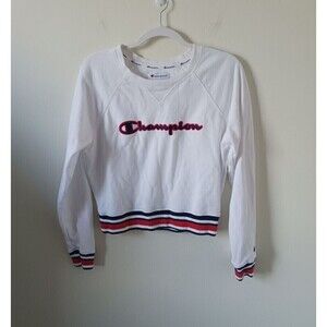 Champion Reverse Juniors‎ Striped Crew Neck White Blue Sweatshirt Size S
